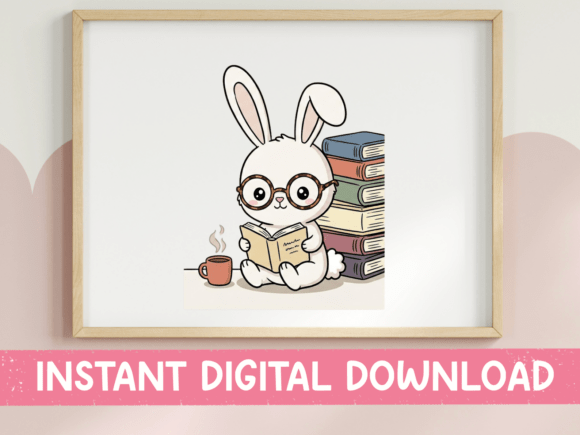 Reading Bunny with Books and Coffee Graphics