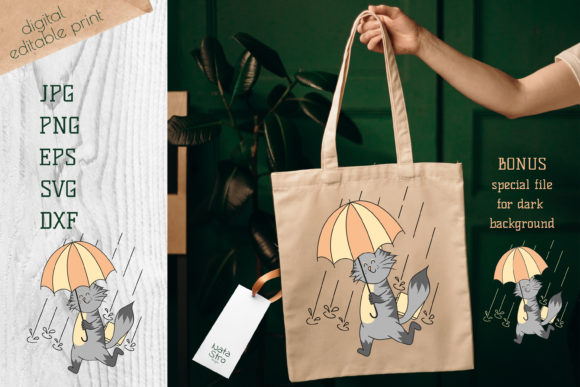 T-shirt Print with Walking Cat Umbrella